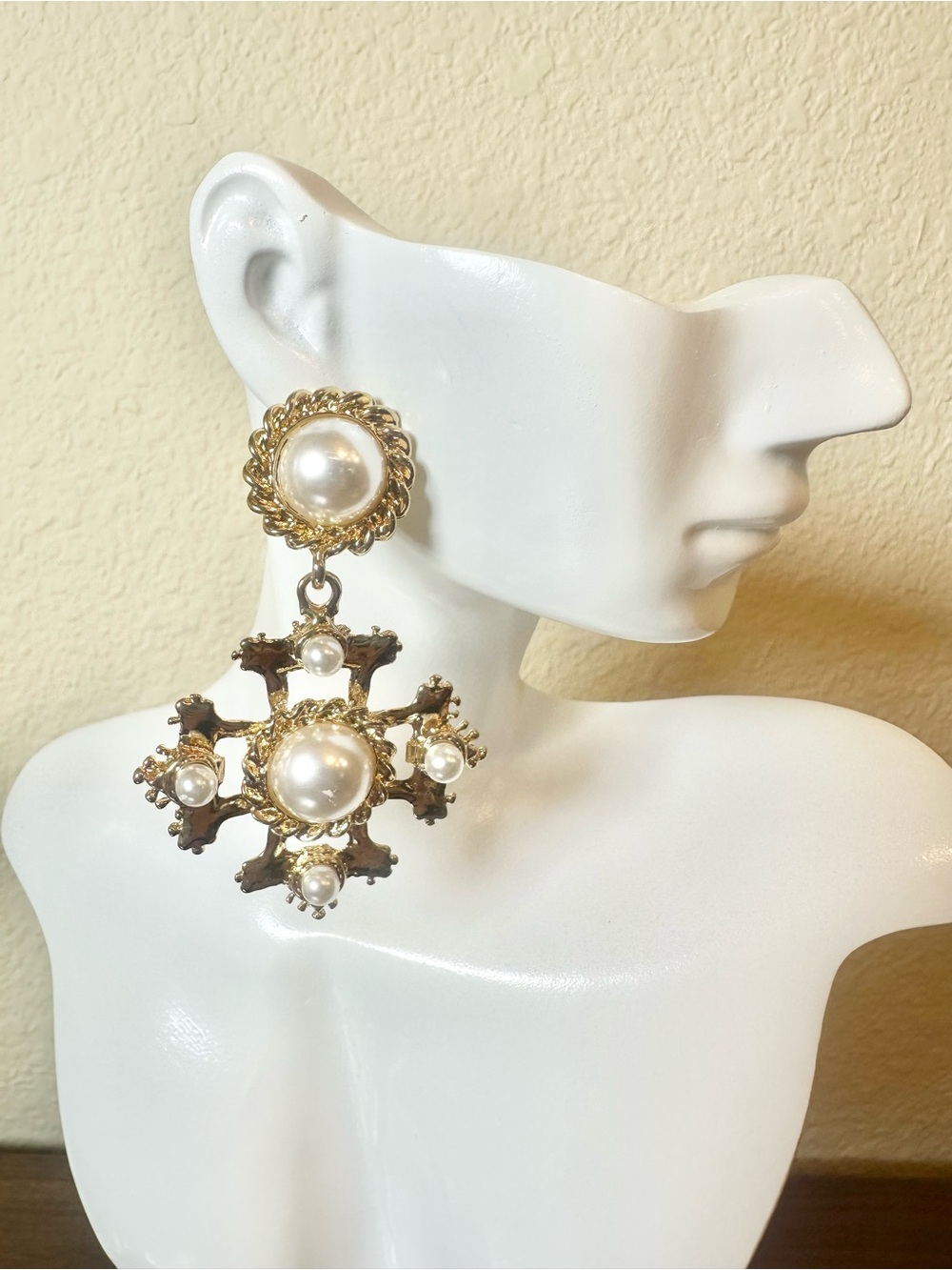 Gold-Tone Pearl Cross Drop Earrings - White Pearls (minor scratch in photo 3)